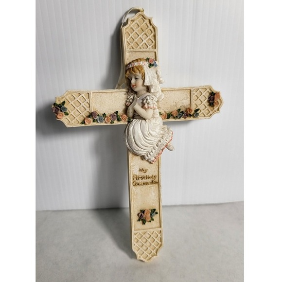 First Communion Cross Wall Decor Praying Girl Floral Religious Gift - Picture 3 of 5